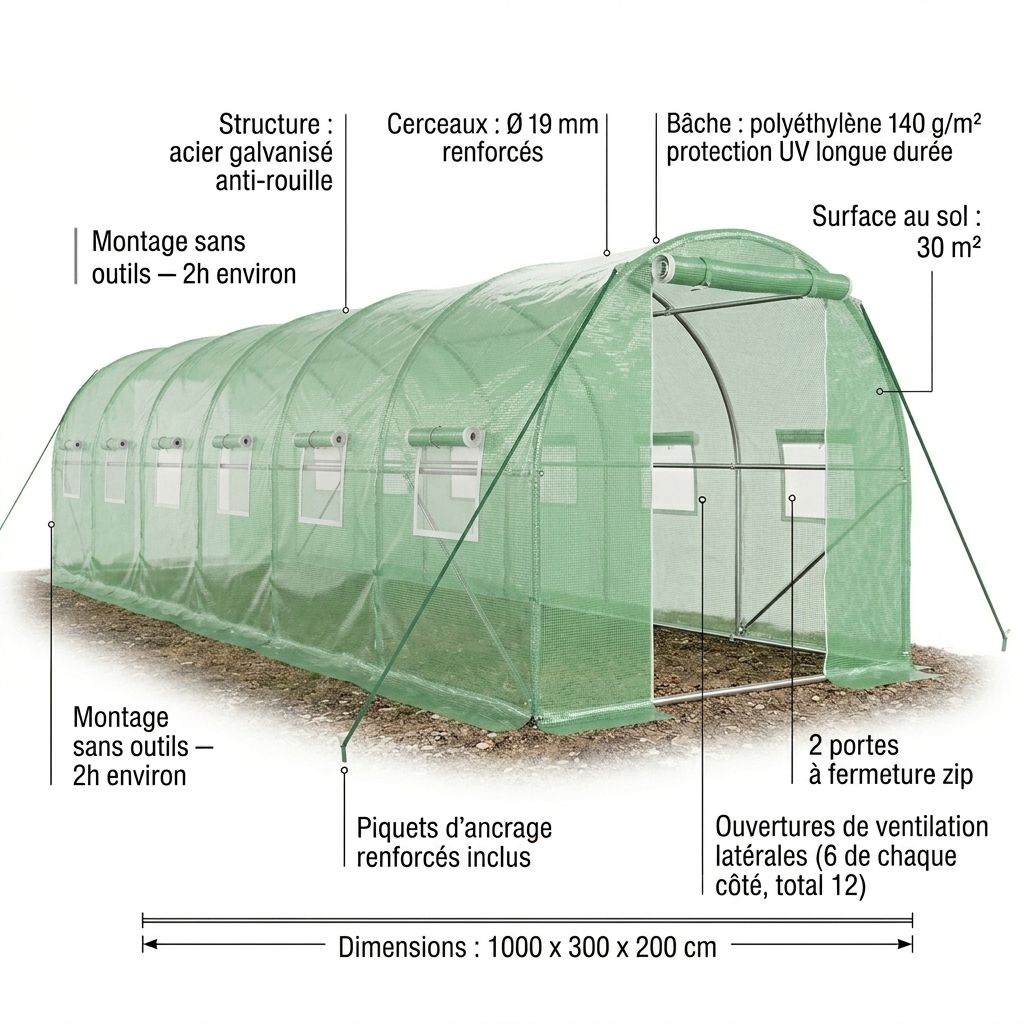 Serre de Jardin Tunnel 18 m² – Structure Galvanisée & Bâche Imperméable