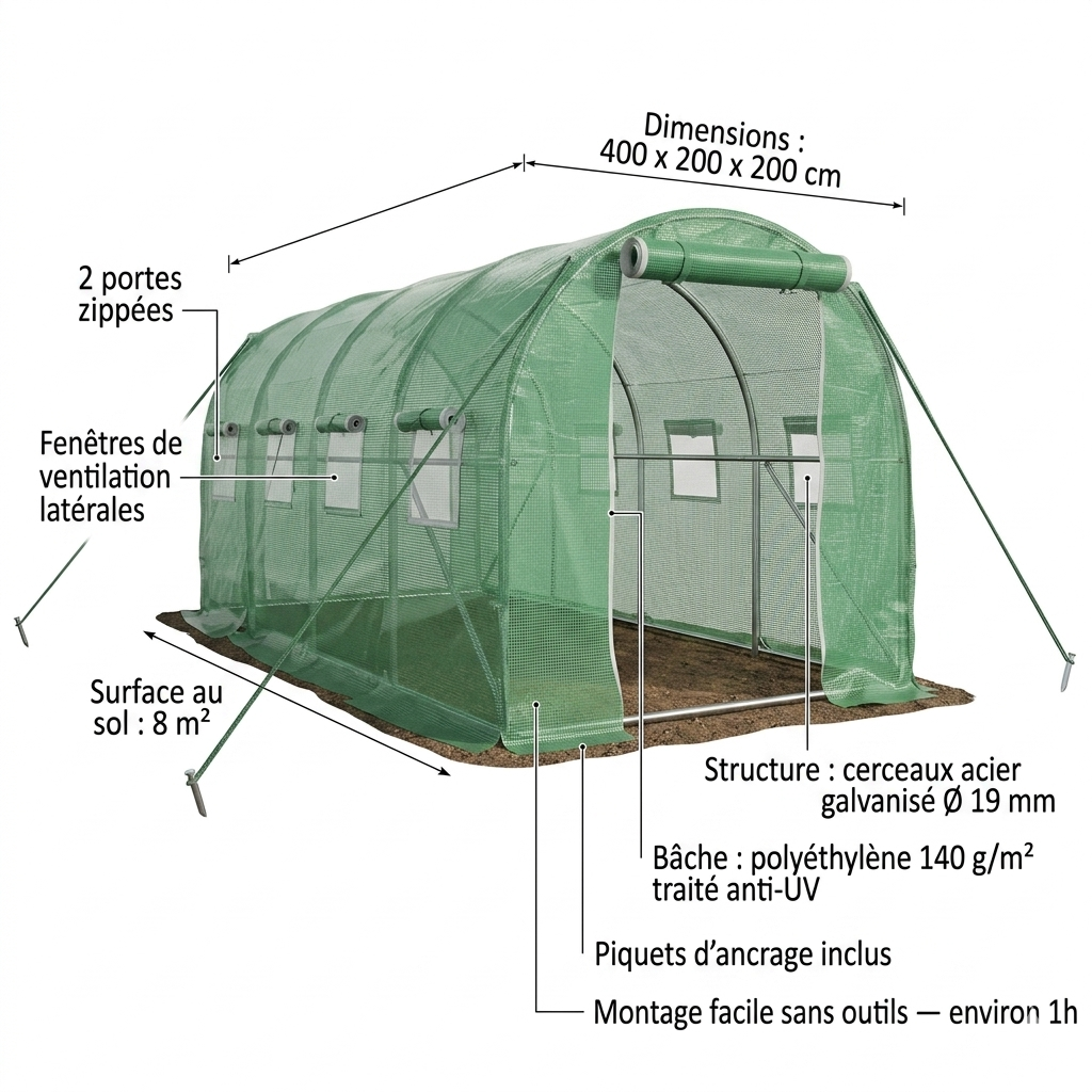 Serre de Jardin Tunnel 8 m² – Structure Galvanisée & Bâche Imperméable